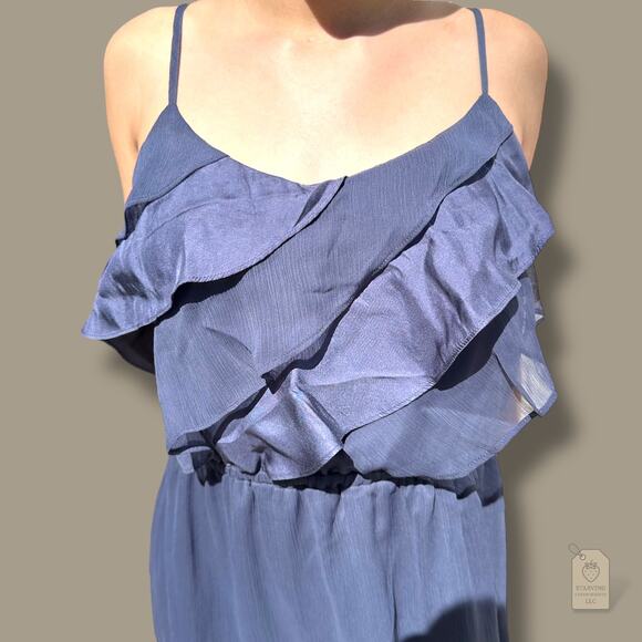 American Eagle Outfitters Navy Blue Ruffle Spaghetti Strap Chiffon Dress M - Picture 2 of 6